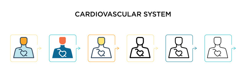 Cardiovascular system vector icon in 6 different modern styles. Black, two colored cardiovascular system icons designed in filled, outline, line and stroke style. Vector illustration can be used for