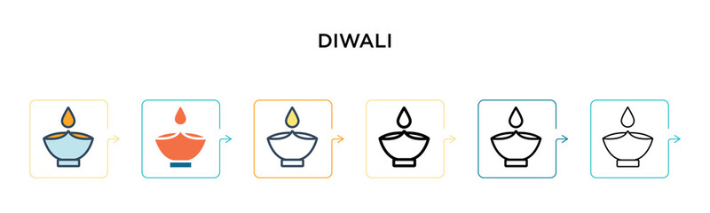 Diwali vector icon in 6 different modern styles. Black, two colored diwali icons designed in filled, outline, line and stroke style. Vector illustration can be used for web, mobile, ui