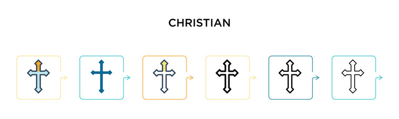 Christian vector icon in 6 different modern styles. Black, two colored christian icons designed in filled, outline, line and stroke style. Vector illustration can be used for web, mobile, ui