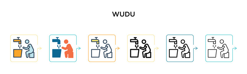 Wudu vector icon in 6 different modern styles. Black, two colored wudu icons designed in filled, outline, line and stroke style. Vector illustration can be used for web, mobile, ui