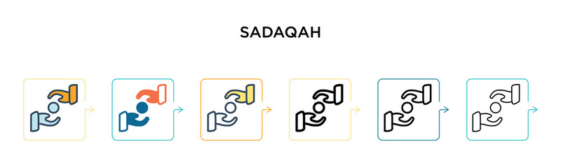 Sadaqah vector icon in 6 different modern styles. Black, two colored sadaqah icons designed in filled, outline, line and stroke style. Vector illustration can be used for web, mobile, ui
