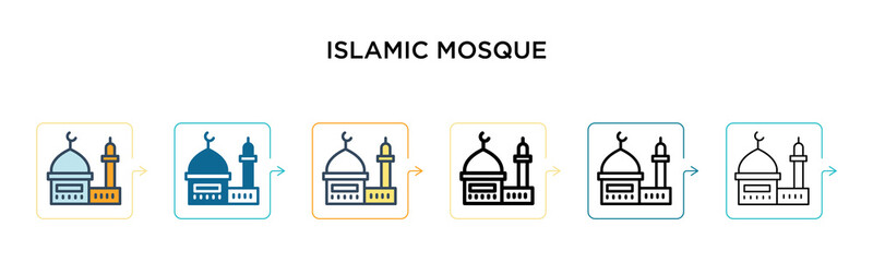 Islamic mosque vector icon in 6 different modern styles. Black, two colored islamic mosque icons designed in filled, outline, line and stroke style. Vector illustration can be used for web, mobile, ui