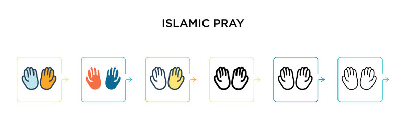 Islamic pray vector icon in 6 different modern styles. Black, two colored islamic pray icons designed in filled, outline, line and stroke style. Vector illustration can be used for web, mobile, ui
