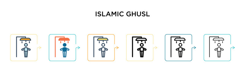 Islamic ghusl vector icon in 6 different modern styles. Black, two colored islamic ghusl icons designed in filled, outline, line and stroke style. Vector illustration can be used for web, mobile, ui