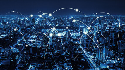 The modern creative communication and internet network connect in smart city . Concept of 5G wireless digital connection and internet of things future.