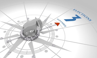 Voting concept. 3D rendering. Abstract compass points to the calendar date. Low poly elephant