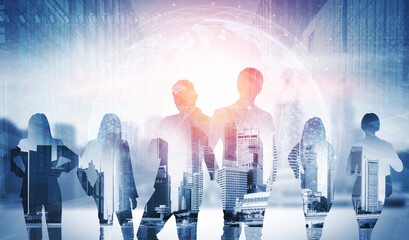 Creative image of many business people conference group meeting on city office building background...