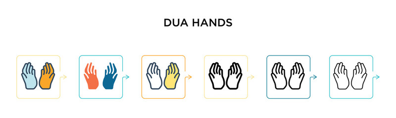 Dua hands vector icon in 6 different modern styles. Black, two colored dua hands icons designed in filled, outline, line and stroke style. Vector illustration can be used for web, mobile, ui