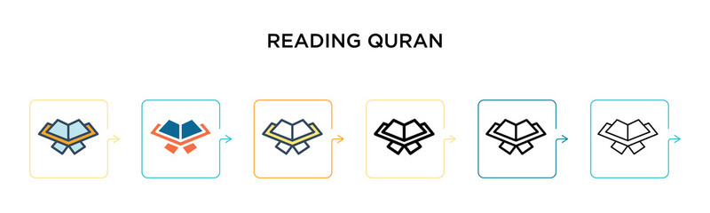 Reading quran vector icon in 6 different modern styles. Black, two colored reading quran icons designed in filled, outline, line and stroke style. Vector illustration can be used for web, mobile, ui