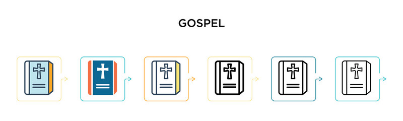 Gospel vector icon in 6 different modern styles. Black, two colored gospel icons designed in filled, outline, line and stroke style. Vector illustration can be used for web, mobile, ui