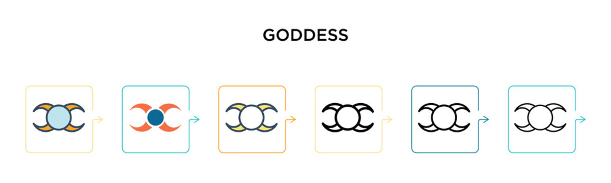 Goddess vector icon in 6 different modern styles. Black, two colored goddess icons designed in filled, outline, line and stroke style. Vector illustration can be used for web, mobile, ui