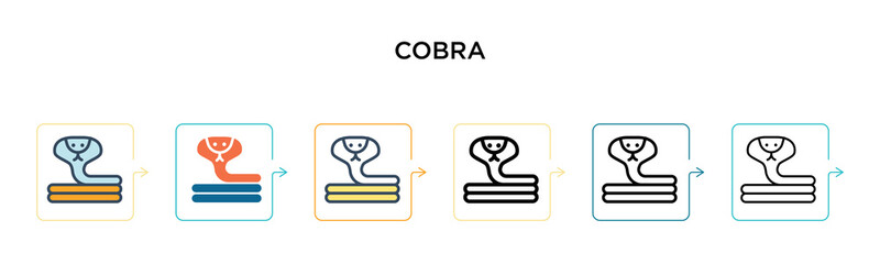 Cobra vector icon in 6 different modern styles. Black, two colored cobra icons designed in filled, outline, line and stroke style. Vector illustration can be used for web, mobile, ui