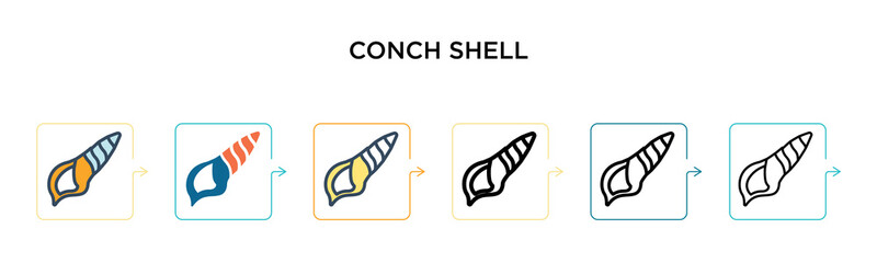 Conch shell vector icon in 6 different modern styles. Black, two colored conch shell icons designed in filled, outline, line and stroke style. Vector illustration can be used for web, mobile, ui