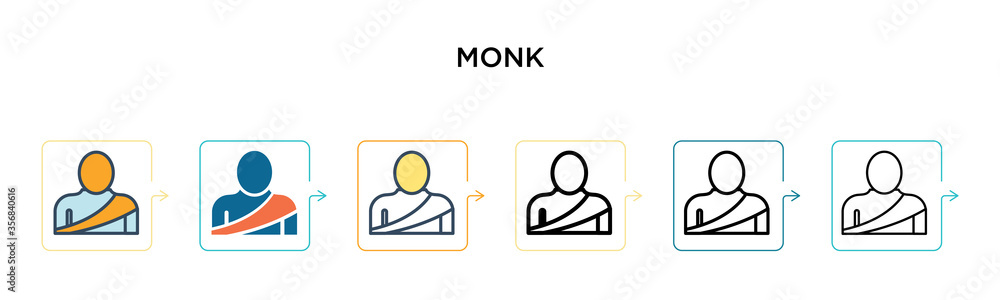Poster monk vector icon in 6 different modern styles. black, two colored monk icons designed in filled, out