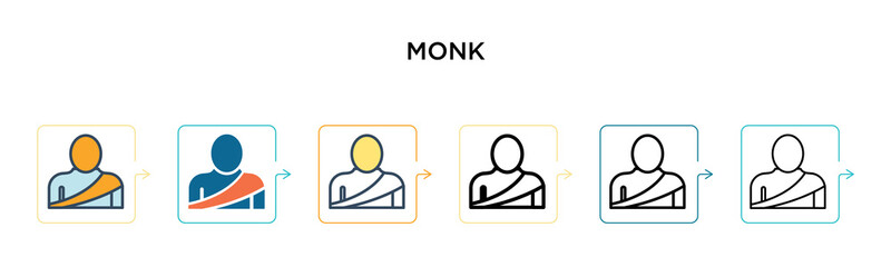 Monk vector icon in 6 different modern styles. Black, two colored monk icons designed in filled, outline, line and stroke style. Vector illustration can be used for web, mobile, ui