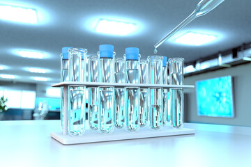laboratory test-tubes in modern bio research office - drink water quality test for bacteria concept, medical 3D illustration