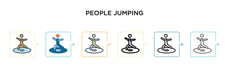 People jumping vector icon in 6 different modern styles. Black, two colored people jumping icons designed in filled, outline, line and stroke style. Vector illustration can be used for web, mobile, ui