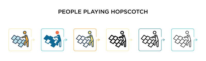 People playing hopscotch vector icon in 6 different modern styles. Black, two colored people playing hopscotch icons designed in filled, outline, line and stroke style. Vector illustration can be used