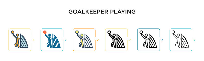 Goalkeeper playing vector icon in 6 different modern styles. Black, two colored goalkeeper playing icons designed in filled, outline, line and stroke style. Vector illustration can be used for web,