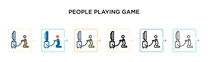 People playing game vector icon in 6 different modern styles. Black, two colored people playing game icons designed in filled, outline, line and stroke style. Vector illustration can be used for web,