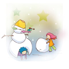 boy and girl playing with snowman