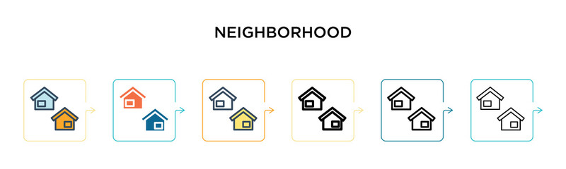 Neighborhood vector icon in 6 different modern styles. Black, two colored neighborhood icons designed in filled, outline, line and stroke style. Vector illustration can be used for web, mobile, ui