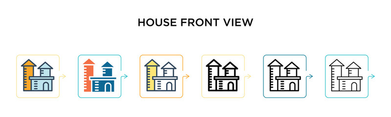 House front view vector icon in 6 different modern styles. Black, two colored house front view icons designed in filled, outline, line and stroke style. Vector illustration can be used for web,