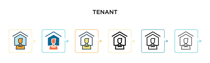Tenant vector icon in 6 different modern styles. Black, two colored tenant icons designed in filled, outline, line and stroke style. Vector illustration can be used for web, mobile, ui