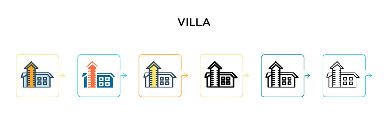 Villa vector icon in 6 different modern styles. Black, two colored villa icons designed in filled, outline, line and stroke style. Vector illustration can be used for web, mobile, ui