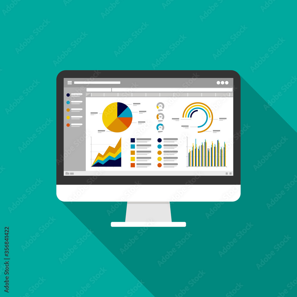 Poster web statistics analytic charts on computer screen icon. flat vector infographic trend graphs informa