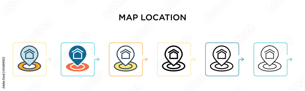 Poster map location vector icon in 6 different modern styles. black, two colored map location icons designe