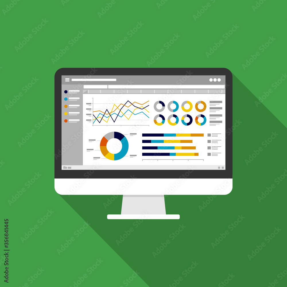 Poster web statistics analytic charts on computer screen icon. flat vector infographic trend graphs informa