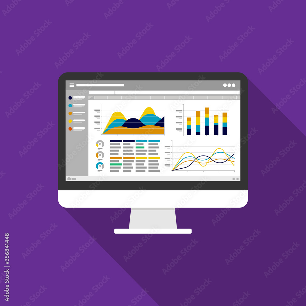 Poster web statistics analytic charts on computer screen icon. flat vector infographic trend graphs informa