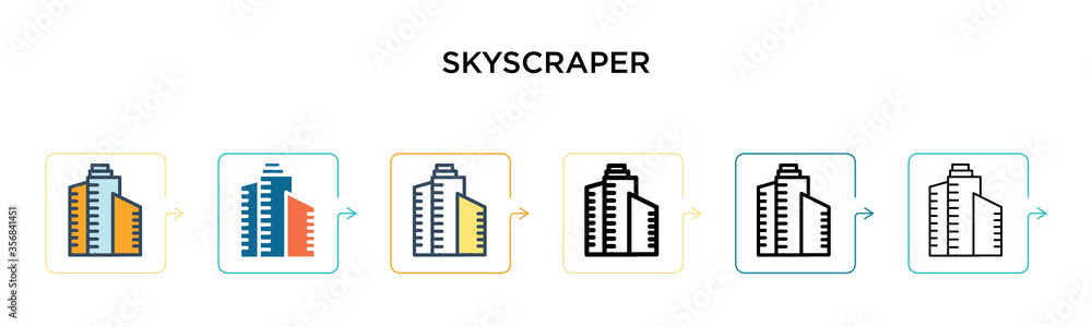Poster skyscraper vector icon in 6 different modern styles. black, two colored skyscraper icons designed in