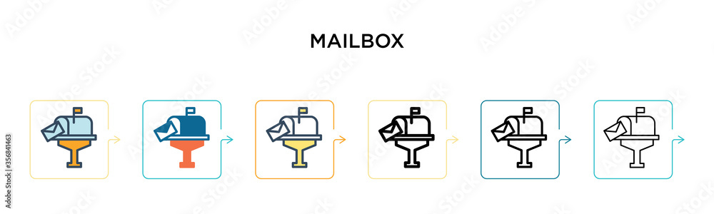 Poster mailbox vector icon in 6 different modern styles. black, two colored mailbox icons designed in fille