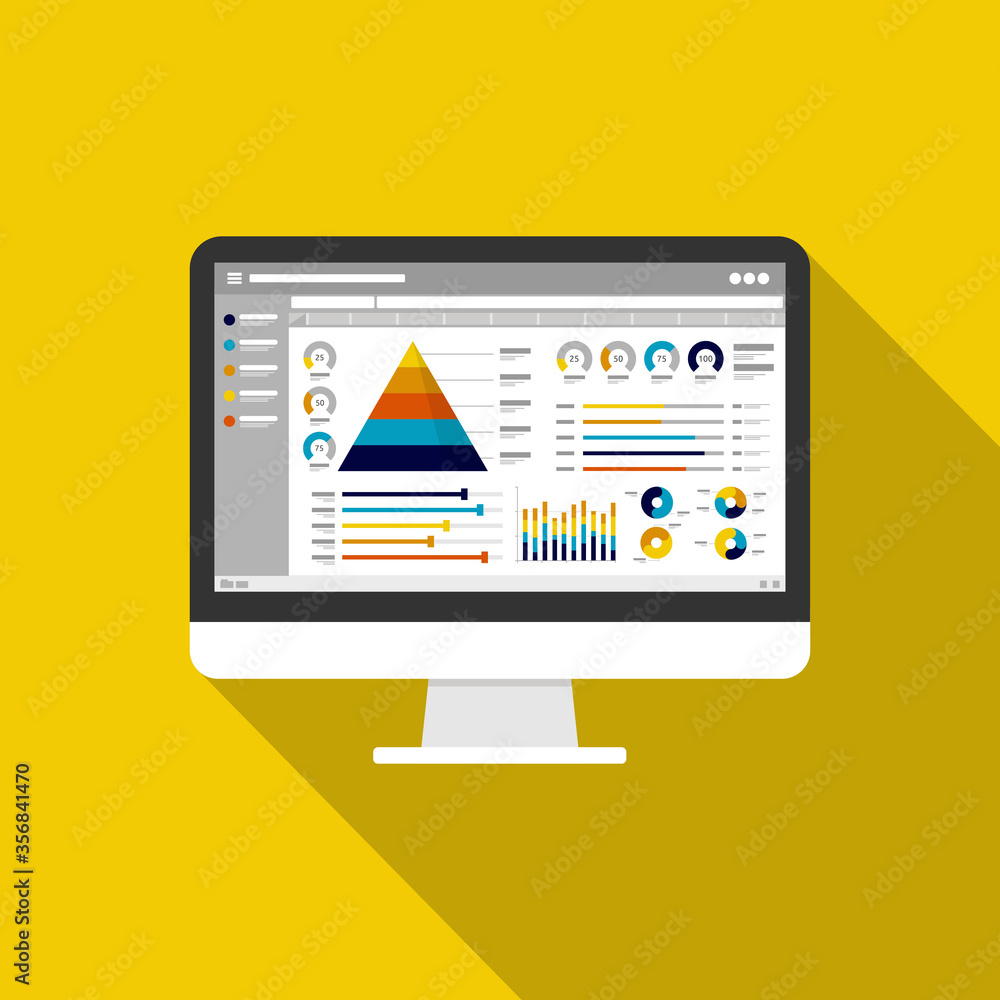 Poster web statistics analytic charts on computer screen icon. flat vector infographic trend graphs informa