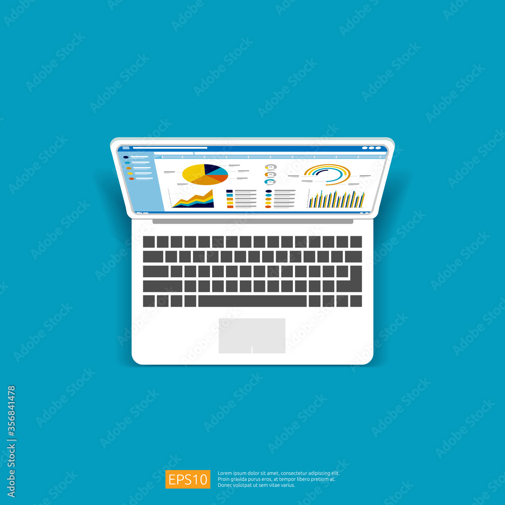 Aufkleber web statistics analytic charts on laptop screen icon. flat vector infographic trend graphs informati