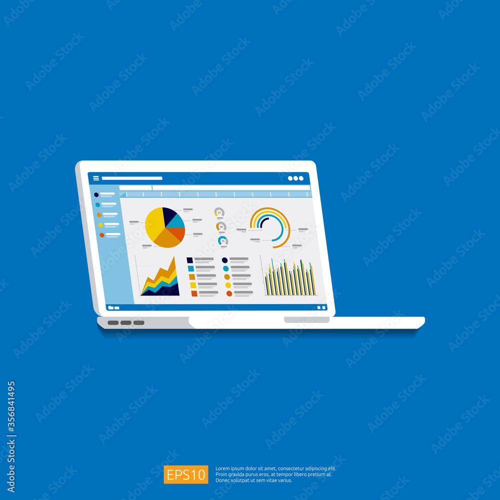 Poster web statistics analytic charts on laptop screen icon. flat vector infographic trend graphs informati