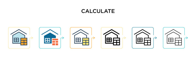 Calculate vector icon in 6 different modern styles. Black, two colored calculate icons designed in filled, outline, line and stroke style. Vector illustration can be used for web, mobile, ui