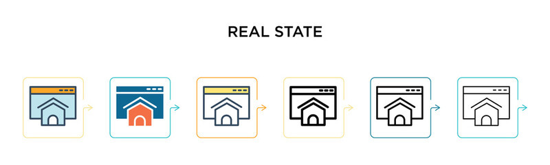 Real state vector icon in 6 different modern styles. Black, two colored real state icons designed in filled, outline, line and stroke style. Vector illustration can be used for web, mobile, ui