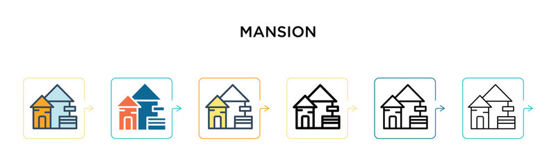 Mansion vector icon in 6 different modern styles. Black, two colored mansion icons designed in filled, outline, line and stroke style. Vector illustration can be used for web, mobile, ui