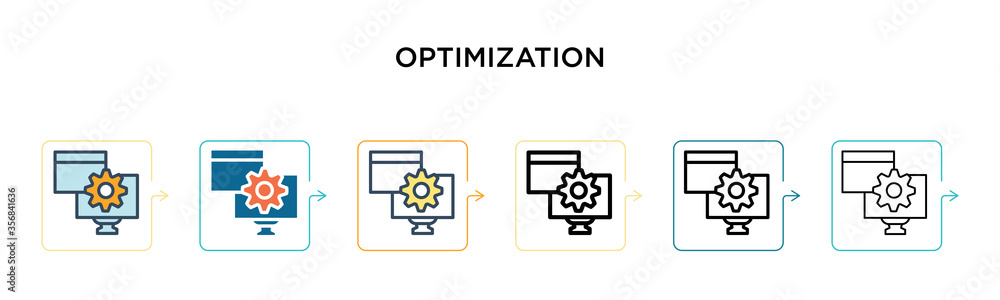 Poster optimization vector icon in 6 different modern styles. black, two colored optimization icons designe