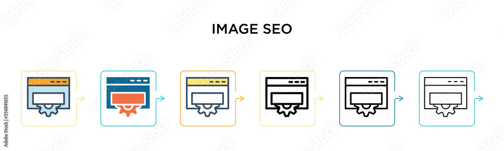 Poster image seo vector icon in 6 different modern styles. black, two colored image seo icons designed in f