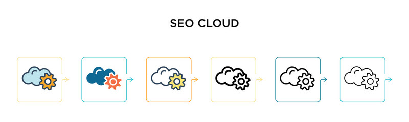 Seo cloud vector icon in 6 different modern styles. Black, two colored seo cloud icons designed in filled, outline, line and stroke style. Vector illustration can be used for web, mobile, ui
