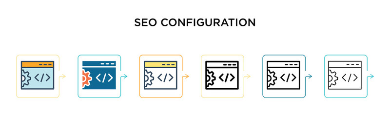 Seo configuration vector icon in 6 different modern styles. Black, two colored seo configuration icons designed in filled, outline, line and stroke style. Vector illustration can be used for web,