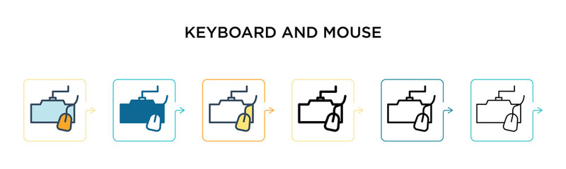 Keyboard and mouse vector icon in 6 different modern styles. Black, two colored keyboard and mouse icons designed in filled, outline, line and stroke style. Vector illustration can be used for web,