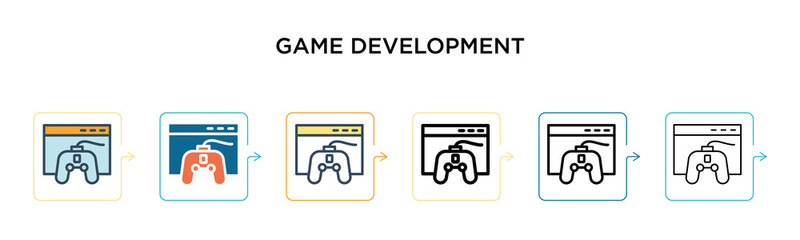 Game development vector icon in 6 different modern styles. Black, two colored game development icons designed in filled, outline, line and stroke style. Vector illustration can be used for web,