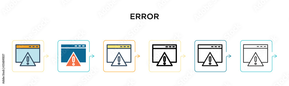 Poster error vector icon in 6 different modern styles. black, two colored error icons designed in filled, o