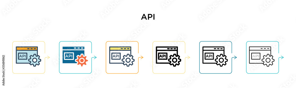 Poster api vector icon in 6 different modern styles. black, two colored api icons designed in filled, outli