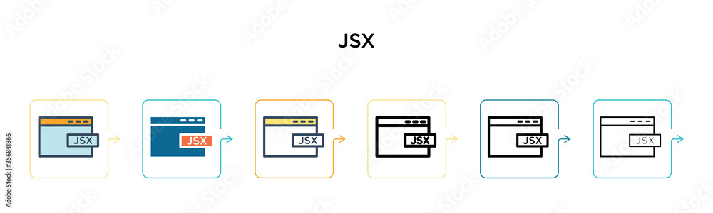 Poster jsx vector icon in 6 different modern styles. black, two colored jsx icons designed in filled, outli